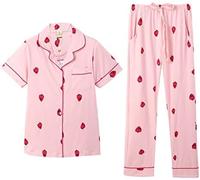 Women's Y2K 2 Piece Cute Strawberry Print Pj Set Kawaii Top and Pants Pajama Set Gyaru Aesthetic Loungewear Pajama Set, Short Sleeve, M