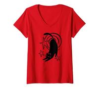 Women's Y2K 90s Cute Sleepy Cat Tomcat Stretching Under Starry Tail V-Neck T-Shirt
