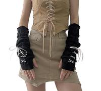 Women's Y2K Aesthetics Arm Warmer Fairy Grunge Coquette Bow Tie Sleeves Cutecore Cottagecore Fingerless Gloves, Black Pink Tie, One Size