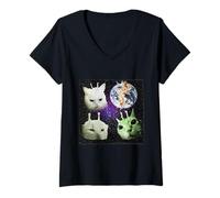 Womens Y2k Alien UFO Cat Vintage 90s Retro Silly Cats Cat Lover V-Neck T-Shirt