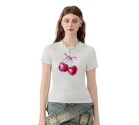 Women's Y2K Baby Tees Casual Slim Fit Bow Fruit Graphic Print Crop Tops Summer Round Neck Cap Sleeve Going Out Tops