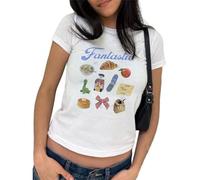Women's Y2K Baby Tees Casual Slim Fit Bow Fruit Graphic Print Crop Tops Summer Round Neck Cap Sleeve Going Out Tops