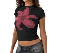 Women's Y2K Baby Tees Casual Slim Fit Bow Fruit Graphic Print Crop Tops Summer Round Neck Cap Sleeve Going Out Tops (B-Black, L)