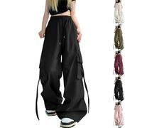 Womens Y2k Baggy Cargo Pants with Multi Pockets Wide Leg Long Parachute Pants Plus Size Drawstring Elasticated Waist Ladies Tracksuit Bottoms E-Girls Goth Grunge Hip Hop Punk Jogger Pant Black