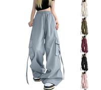 Womens Y2k Baggy Cargo Pants with Multi Pockets Wide Leg Long Parachute Pants Plus Size Drawstring Elasticated Waist Ladies Tracksuit Bottoms E-Girls Goth Grunge Hip Hop Punk Jogger Pant Blue
