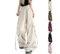Womens Y2k Baggy Cargo Pants with Multi Pockets Wide Leg Long Parachute Pants Plus Size Drawstring Elasticated Waist Ladies Tracksuit Bottoms E-Girls Goth Grunge Hip Hop Punk Jogger Pant White