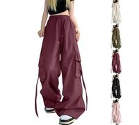 Womens Y2k Baggy Cargo Pants with Multi Pockets Wide Leg Long Parachute Pants Plus Size Drawstring Elasticated Waist Ladies Tracksuit Bottoms E-Girls Goth Grunge Hip Hop Punk Jogger Pant Red