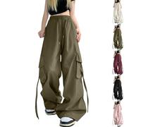 Womens Y2k Baggy Cargo Pants with Multi Pockets Wide Leg Long Parachute Pants Plus Size Drawstring Elasticated Waist Ladies Tracksuit Bottoms E-Girls Goth Grunge Hip Hop Punk Jogger Pant Green