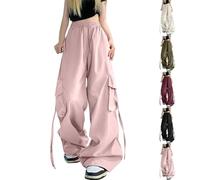 Womens Y2k Baggy Cargo Pants with Multi Pockets Wide Leg Long Parachute Pants Plus Size Drawstring Elasticated Waist Ladies Tracksuit Bottoms E-Girls Goth Grunge Hip Hop Punk Jogger Pant Pink