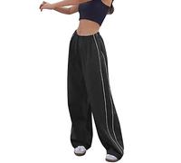 Women's Y2k Baggy Long Cargo Trousers Hip Hop Wide Leg Track Pants Lacing Elastic Low Waist 90s Harajuku Goth Streetwear Parachute Pants Teenager Girls High Waist Stretch Running Trousers, black, S