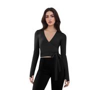 Women's Y2k Ballet Wrap Top Long Sleeve Deep V Neck Yoga Workout Tops with Thumb Hole Casual Slim Fit Going Out Top (C-Black, L)