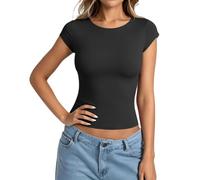 Women's Y2K Basic Top Going Out Crop T Shirt Short Sleeve Crew Neck Clothing for Fashion UK 2026 Slim Fit Tshirts Stretch Summer T-Shirts Tight Cropped Blouse Cute Gym Workout Clothes