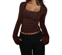 Womens Y2K Bell Long Sleeve Top Lace Trim Square Neck T Shirt Crop Tops Slim Fit Going Out Shirts Blouse Streetwear (Dark Brown, S)