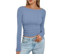 Women's Y2K Boat Neck Crop Tops Long Sleeve T-Shirts Casual Going Out Fitted Tee Shirts Solid Color Basic Clothes Streetwear (Blue,XS)