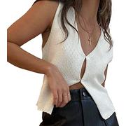Women's Y2K Button Down Knit Vest Simple Solid Color Sleeveless V-Neck Crochet Knitted Crop Tops Hollow Out Cardigan Streetwear (White, Small)