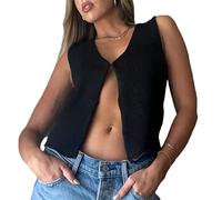 Women's Y2K Button Down Knit Vest Simple Solid Color Sleeveless V-Neck Crochet Knitted Crop Tops Hollow Out Cardigan Streetwear (Black, Large)