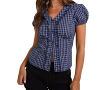 Women's Y2k Button Down Shirt Short Ruffle Sleeve Lapel Collar Tie Back Slim Fitted Tops Summer Basic Office Blouse (B-Blue, M)