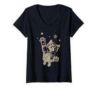 Womens Y2K Cat Jumping Stars 90s 2000s Grunge Silly Vintage Graphic V-Neck T-Shirt