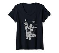 Womens Y2K Cat Jumping Stars Silly 90s 2000s Grunge Vintage Graphic V-Neck T-Shirt