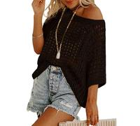 Womens Y2K Crochet Fishnet Long Sleeve Top Off The Shoulder Jumper Fashion Going Out Oversized Knitted Cover Up Sweater Lightweight Baggy Hollow Out Pullover Tops Knitwear for Summer