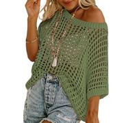 Womens Y2K Crochet Fishnet Long Sleeve Top Off The Shoulder Jumper Fashion Going Out Oversized Knitted Cover Up Sweater Lightweight Baggy Hollow Out Pullover Tops Knitwear for Summer