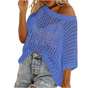 Womens Y2K Crochet Fishnet Long Sleeve Top Off The Shoulder Jumper Going Out Oversized Knitted Cover Up Sweater Lightweight Baggy Hollow Out Pullover Tops Knitwear Summer Blue M