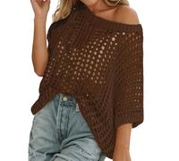 Womens Y2K Crochet Fishnet Long Sleeve Top Off The Shoulder Jumper Going Out Oversized Knitted Cover Up Sweater Lightweight Baggy Hollow Out Pullover Tops Knitwear Summer