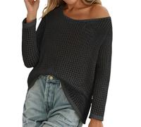 Womens Y2K Crochet Fishnet Long Sleeve Top Off The Shoulder Jumper Going Out Oversized Knitted Cover Up Sweater Lightweight Baggy Hollow Out Pullover Tops Knitwear Summer Black