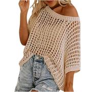 Womens Y2K Crochet Fishnet Long Sleeve Top Off The Shoulder Jumper Going Out Oversized Knitted Cover Up Sweater Lightweight Baggy Hollow Out Pullover Tops Knitwear Summer Beige XXL