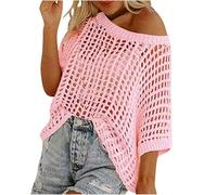 Womens Y2K Crochet Fishnet Long Sleeve Top Off The Shoulder Jumper Going Out Oversized Knitted Cover Up Sweater Lightweight Baggy Hollow Out Pullover Tops Knitwear Summer Pink XL