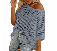 Womens Y2K Crochet Fishnet Long Sleeve Top Off The Shoulder Jumper Going Out Oversized Knitted Cover Up Sweater Lightweight Baggy Hollow Out Pullover Tops Knitwear Summer 02 Grey M
