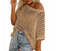Womens Y2K Crochet Fishnet Long Sleeve Top Off The Shoulder Jumper Going Out Oversized Knitted Cover Up Sweater Lightweight Baggy Hollow Out Pullover Tops Knitwear Summer