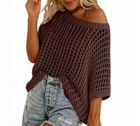Womens Y2K Crochet Fishnet Long Sleeve Top Off The Shoulder Jumper Going Out Oversized Knitted Cover Up Sweater Lightweight Baggy Hollow Out Pullover Tops Knitwear Summer 02 Brown XL