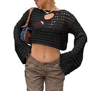Women's Y2k Crochet Fishnet Long Sleeve Top Vintage Hollow Out Knit See Through Tee Shirt Summer Beach Cover Up (A-Black, M)
