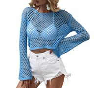 Women's Y2k Crochet Fishnet Long Sleeve Top Vintage Hollow Out Knit See Through Tee Shirt Summer Beach Cover Up (B-Blue, L)