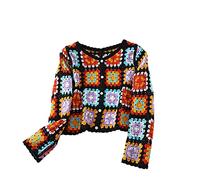 Womens Y2k Crochet Sweater Scooped Floral Crop Tops Crochet Vintage Colourful Cardigan Summer Boho Cardigan Hollow Knit Beach Bikini Cover Up Long Sleeve V Neck Cardigan with Button Front Black