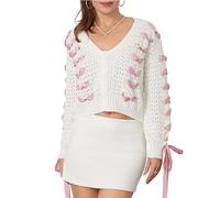 Women's Y2K Crop Cardigan Long Sleeve V-Neck Satin Vintage Ribbon Lace Up Bow Dec Knitted Jumper Top (B-White, M)