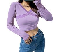 Women's Y2k Cute Short Top Women Summer Long Sleeve Aesthetic T-Shirt Top Sexy People T-Shirt Cuteandpsycho Lace Short Tank Top Streetwear - Purple - L
