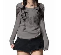 Women's y2k Fairy Grunge Long Sleeve Top Tee Aesthetic Vintage Graphic Print T-Shirt Slim Fit Harajuku Blouse Shirt Tops E Girl 91s Streetwear(Grey, M)