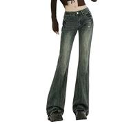 Women's Y2K Flared Jeans Vintage Distressed Low Raise Bell Bottom Plus Size Elastic Waist Boot Cut Pants Full Length Plain Denim Trousers Fashion E-Girl Streetwear