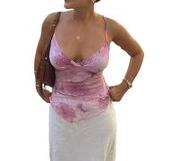 Women's Y2k Floral Cami Tops Sleeveless Spaghetti Strap V Neck Ruffle Wrap Irregular Hem Tank Top Mesh Camisole Clubwear (A-Pink, L)