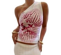 Women's Y2k Floral Tank Top One Shoulder Backless Graphic T-Shirt Sleeveless Floral Print Slim Cut Crop Tops Retro Trendy, White, S