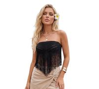 Women's Y2k Fringe Tube Tops Strapless Backless Tassel Knit Bandeau Shirts Summer Going Out Vest (Black, M)