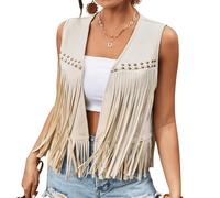 Womens Y2K Fringe Vest 70s Hippie Costume Faux Suede Rivets Tassel Sleeveless Cowgirl Western Costume Jacket Outerwear (G White, M)