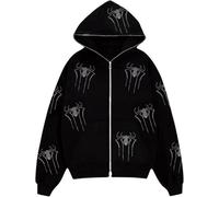 Women's Y2k Full Zip Hoodie Loose Rhinestone Sweatshirt Gothic Pattern Printed Rhinestone Sweatshirt Only Harajuku Oversized Jacket (Black1,XL)