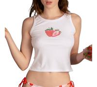 Women's Y2K Graphic Crop Tank Tops Cartoon Fruit Print Sleeveless Crew Neck Slim Vest Aesthetic Cute Baby Tee Streetwear (Pink, S)