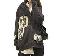 Womens Y2k Graphic Print Zip Up Hoodies Graffiti Face Portrait Patchwork Oversized Pullovers Gothic Punk Long Sleeve Drawstring Sweatshirt with Pockets (Grey, Small)