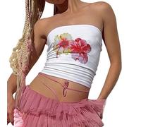 Womens Y2K Graphic Tube Tops Floral Printed Bandeau Crop Top Strapless Tank Top Summer Going Out Tops Teenager Girls 90s Cute Vintage Aesthetic Clothes (White Yellow Red Hibiscus, S)