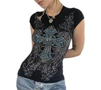 Women's Y2K Grunge Short Sleeve T-Shirt - Vintage Graphic Gothic Tee 90s Aesthetic Crew Neck Slim Fit Black Shirt Streetwear Top for Fairy Emo Casual Going Out (Black,S)