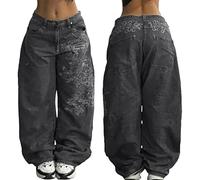 Womens Y2K Hip Hop Gothic Jeans Boyfriend Wide Leg High Rise Denims Trousers Casual Relaxed Fit Oversize Streetwear Fashion Pattern Embroidery Flared Pants Black